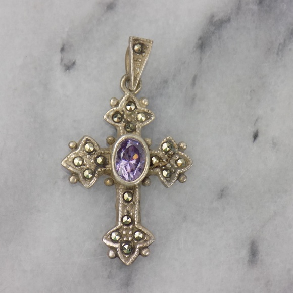MD Jewelry - 925 Sterling And Marcasite Purple Crystal Cross